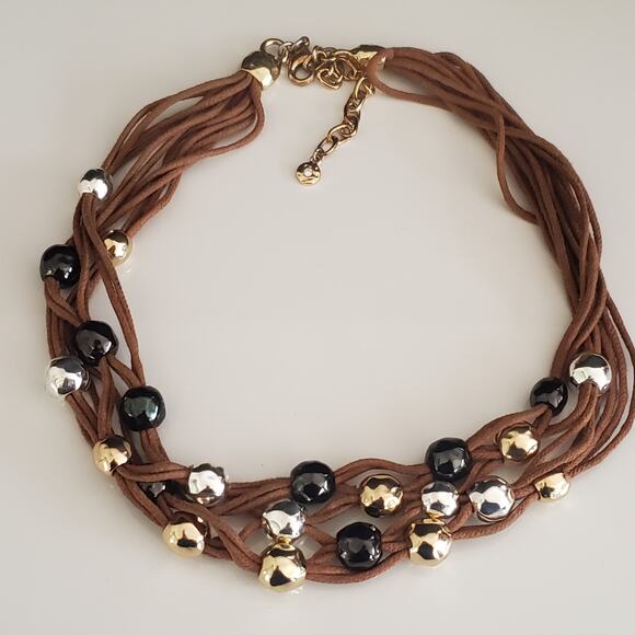 Boho Chunky Brown Multi-Strand Retro‎ Metallic Beads Statement Necklace - Picture 2 of 6
